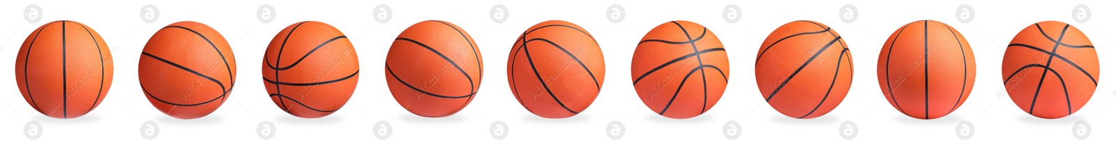 Image of Set with bright basketball balls on white background. Banner design 