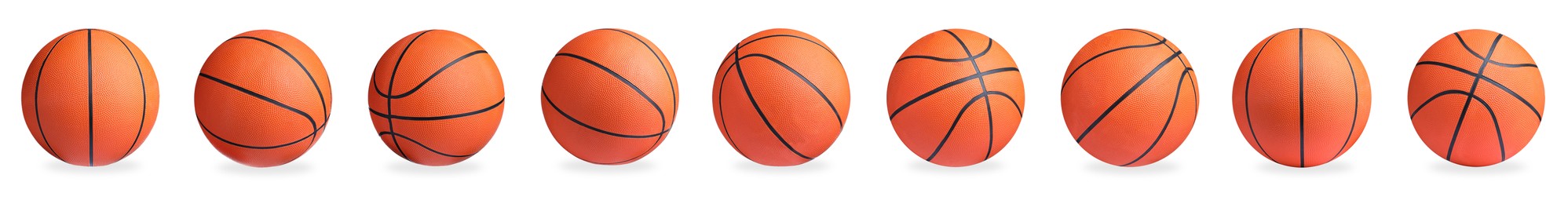 Image of Set with bright basketball balls on white background. Banner design 