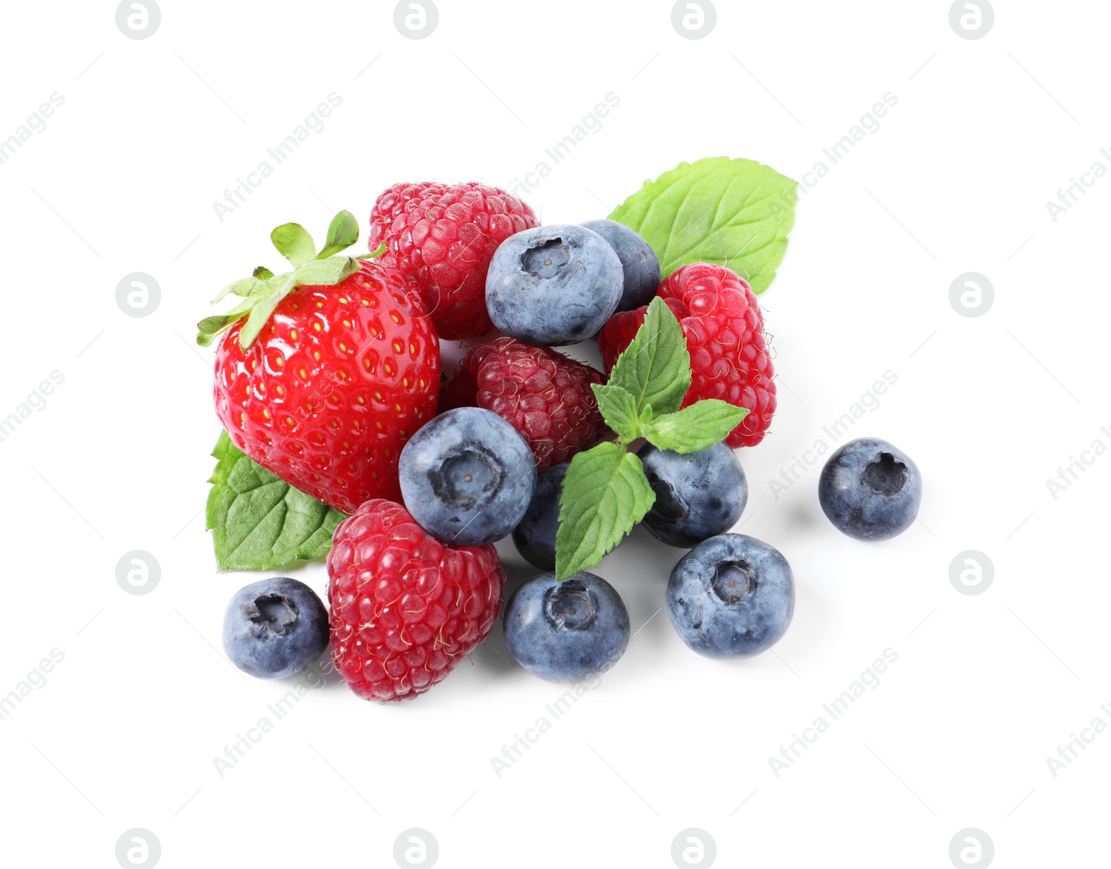 Photo of Many different ripe berries and mint leaves isolated on white, top view