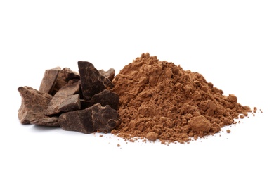 Photo of Cocoa powder and pieces of chocolate on white background