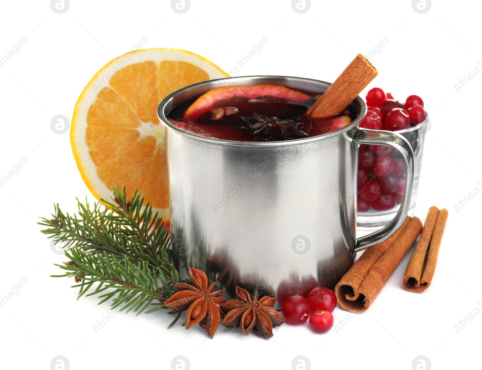 Photo of Aromatic mulled wine and ingredients on white background