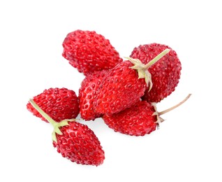 Ripe wild strawberries isolated on white, top view