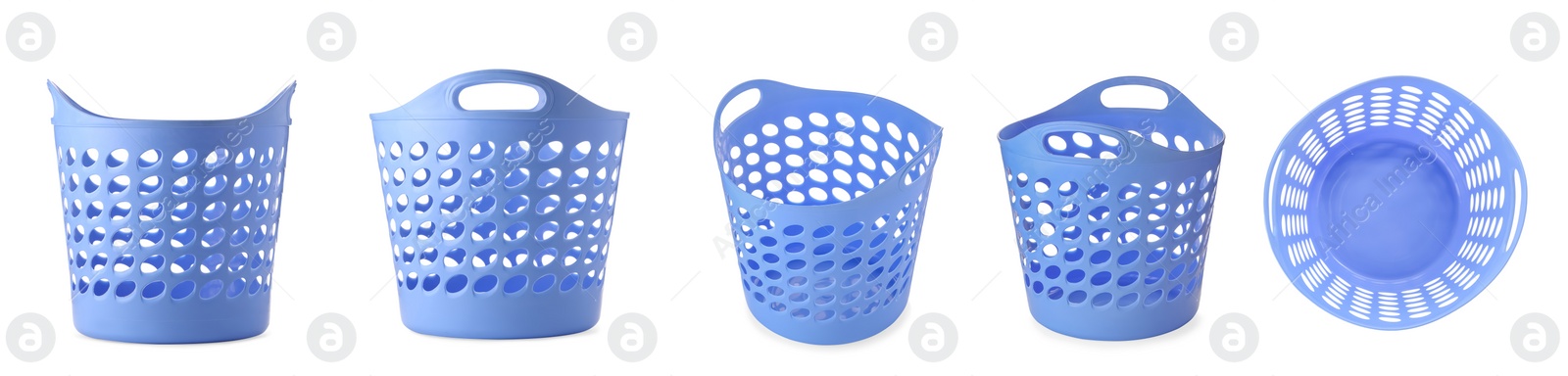 Light blue laundry basket on white background, view from different sides. Banner design Image of Light blue laundry basket on white background, view from different sides. Banner design