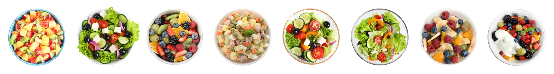 Image of Set with different salads on white background, top view. Banner design