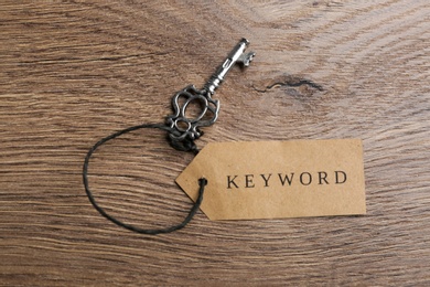 Vintage key and tag wIth word KEYWORD on wooden table, top view