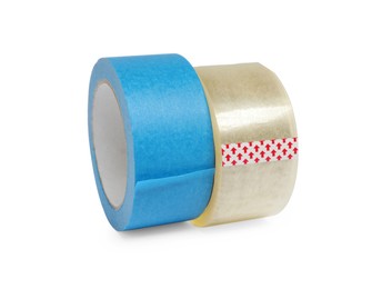 Photo of Two different rolls of adhesive tape on white background