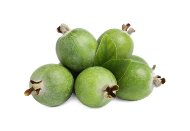 Fresh feijoa fruits with leaves on white background