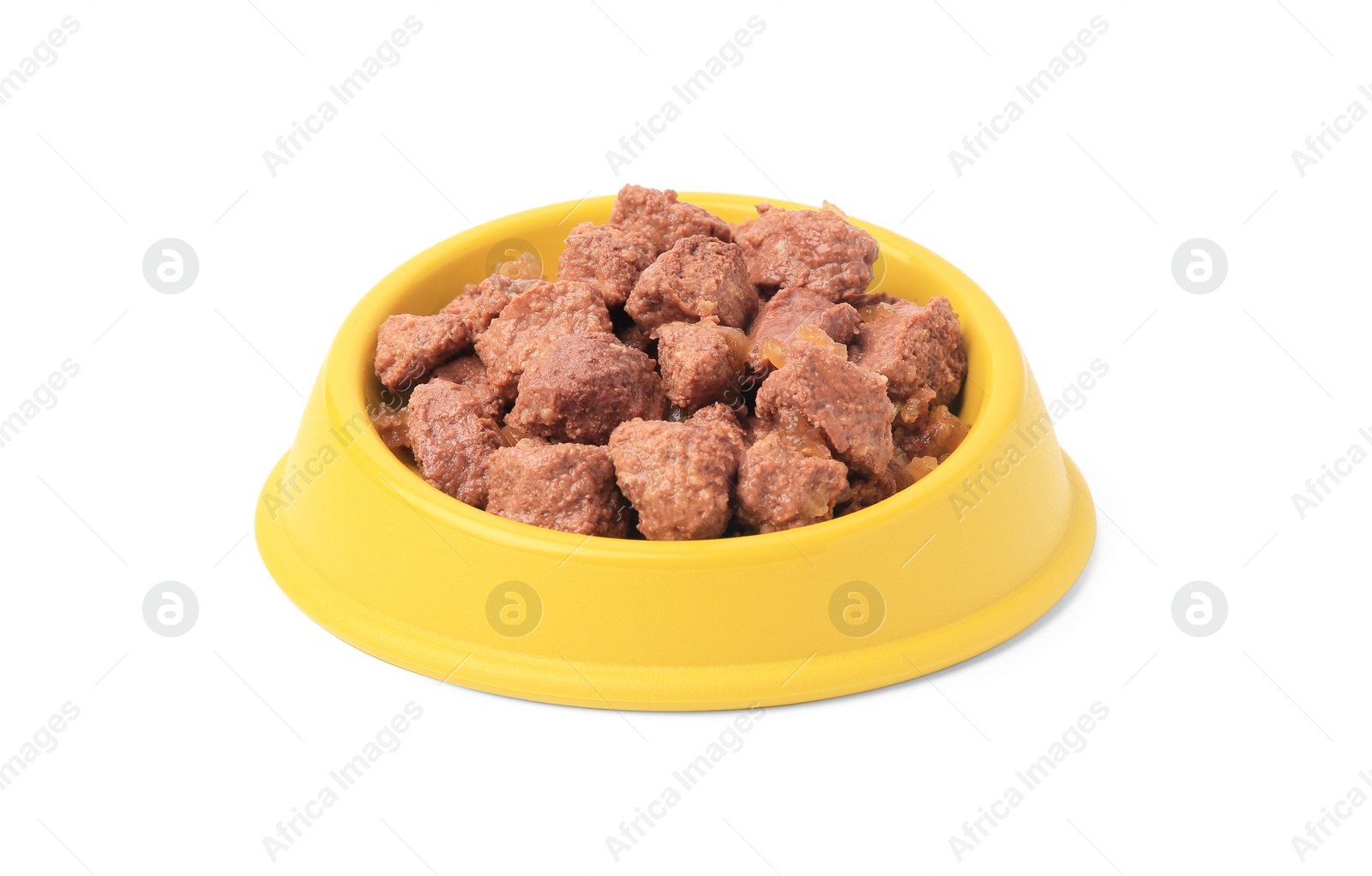 Photo of Wet pet food in feeding bowl isolated on white