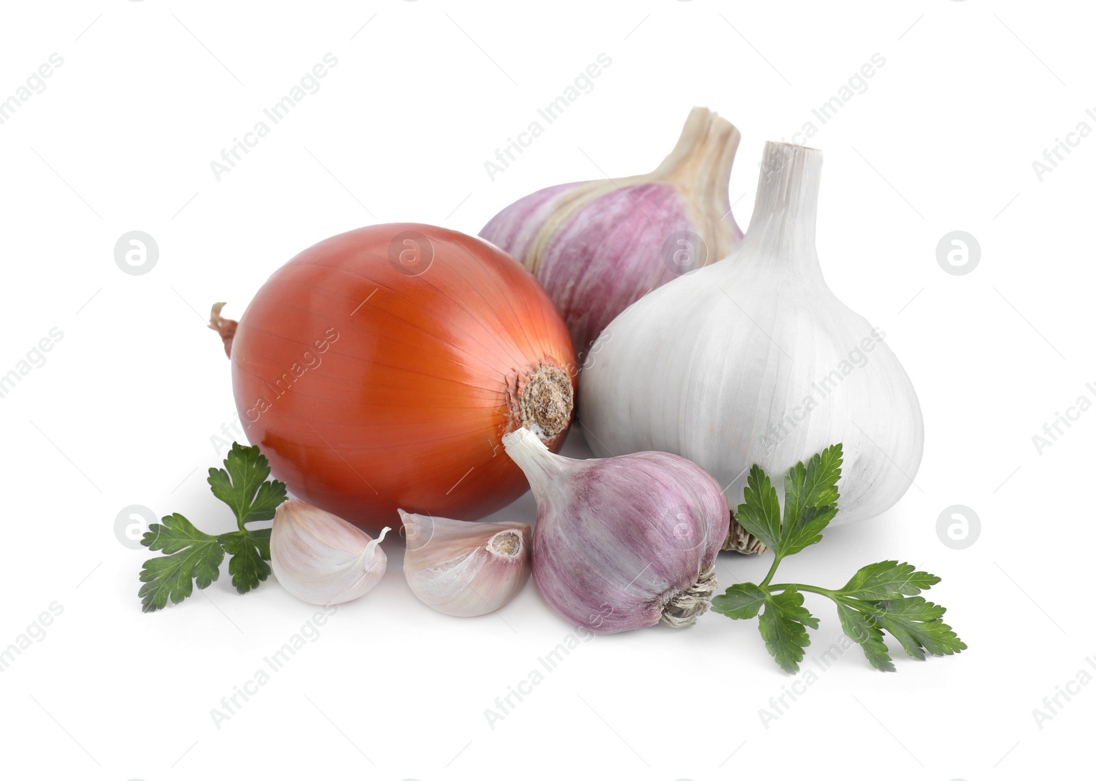 Photo of Fresh garlic, onions and parsley isolated on white