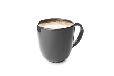 Cup of aromatic hot coffee on white background