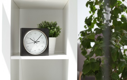 Analog clock on shelf indoors. Time of day