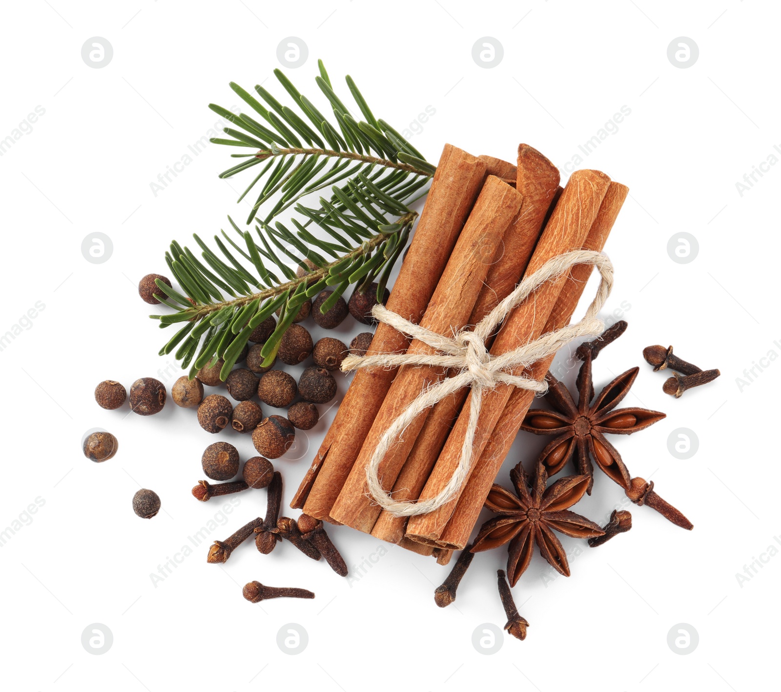 Photo of Different spices and fir branches on white background, top view
