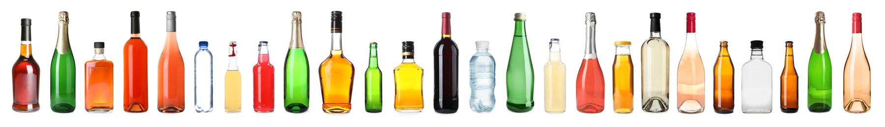 Set of bottles with different liquids on white background. Banner design