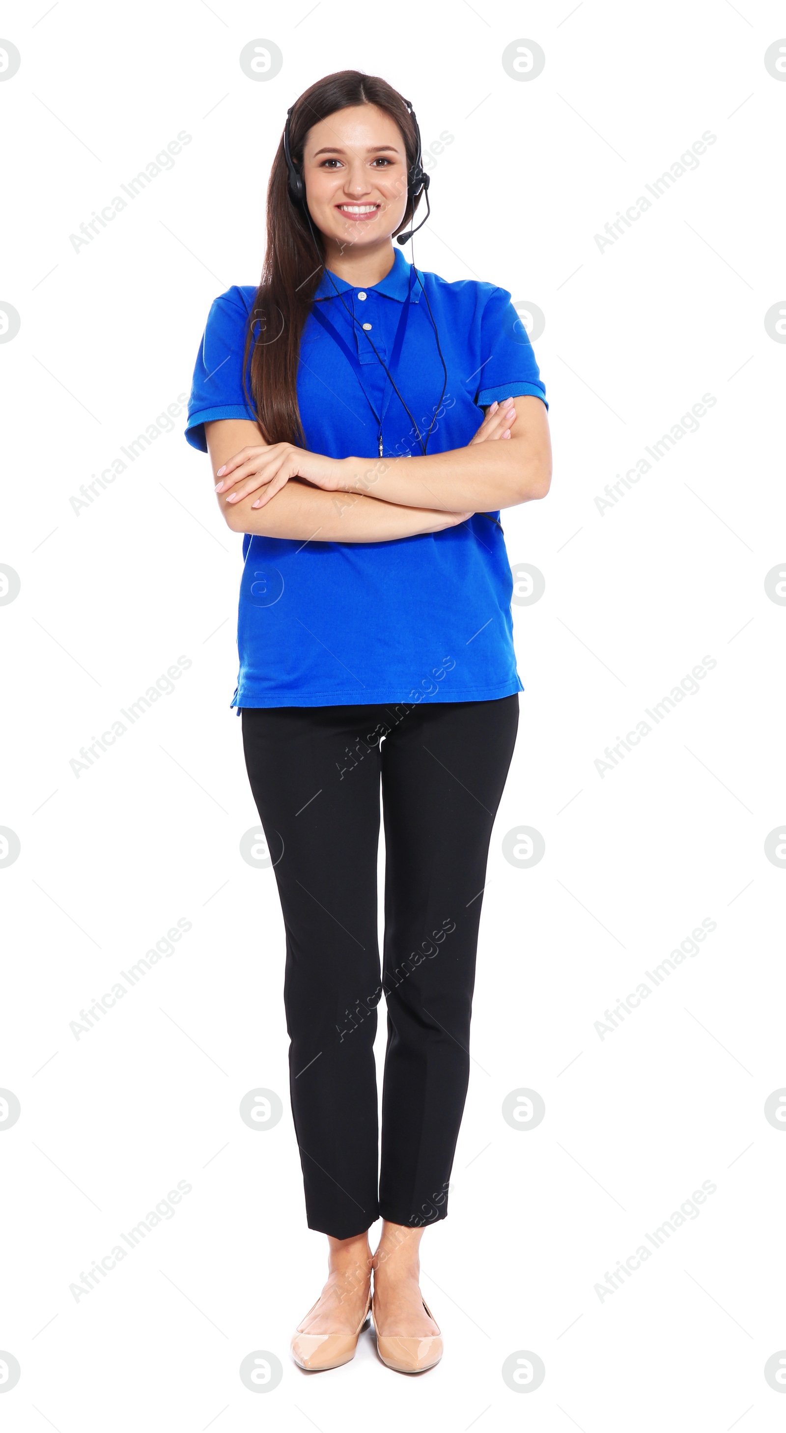 Photo of Female technical support operator with headset on white background