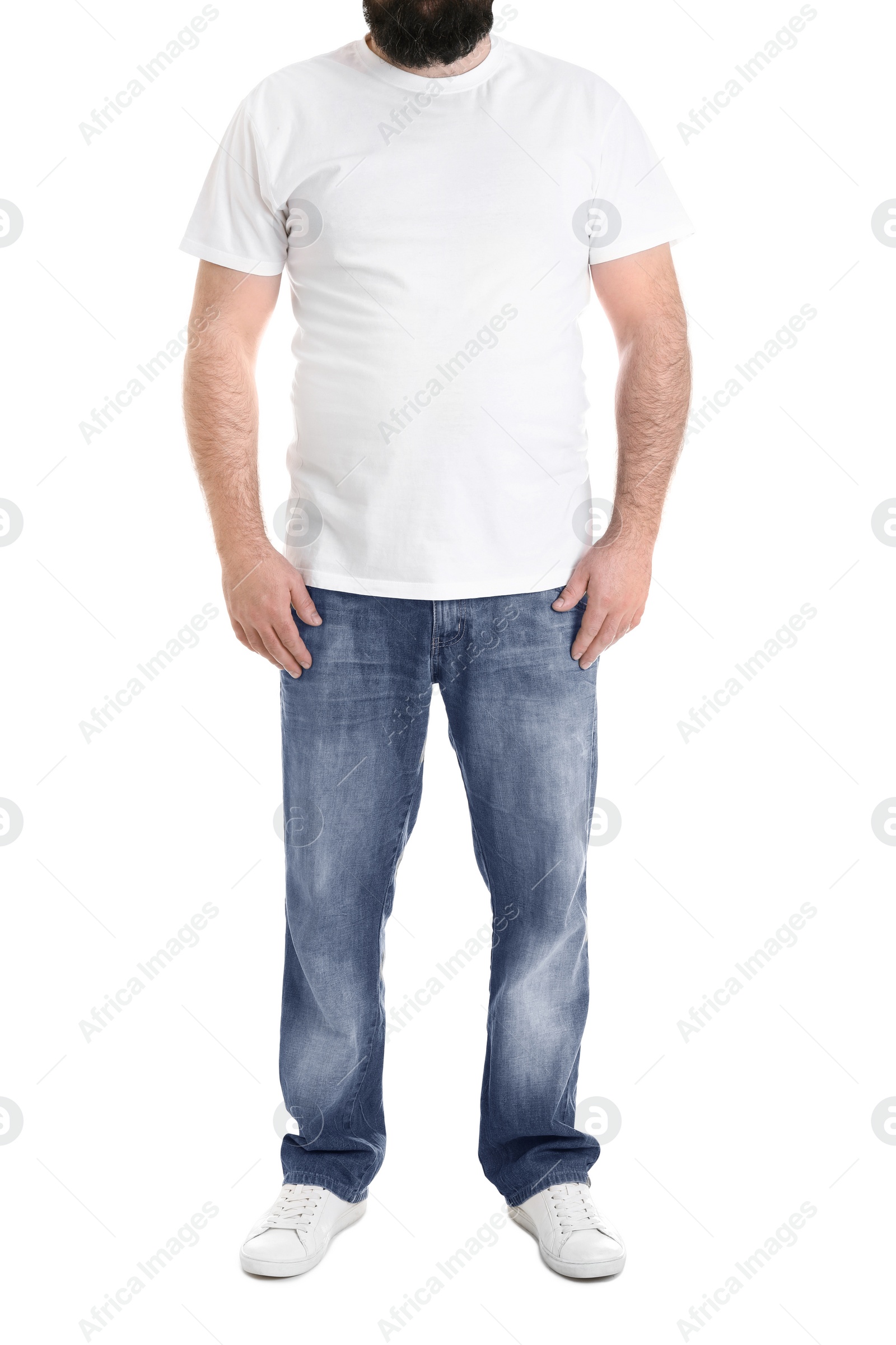 Photo of Overweight man isolated on white, closeup. Weight loss