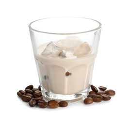 Glass of coffee cream liqueur with ice cubes and beans isolated on white
