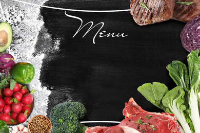 Image of Design of menu with black board, meat and vegetables, space for text