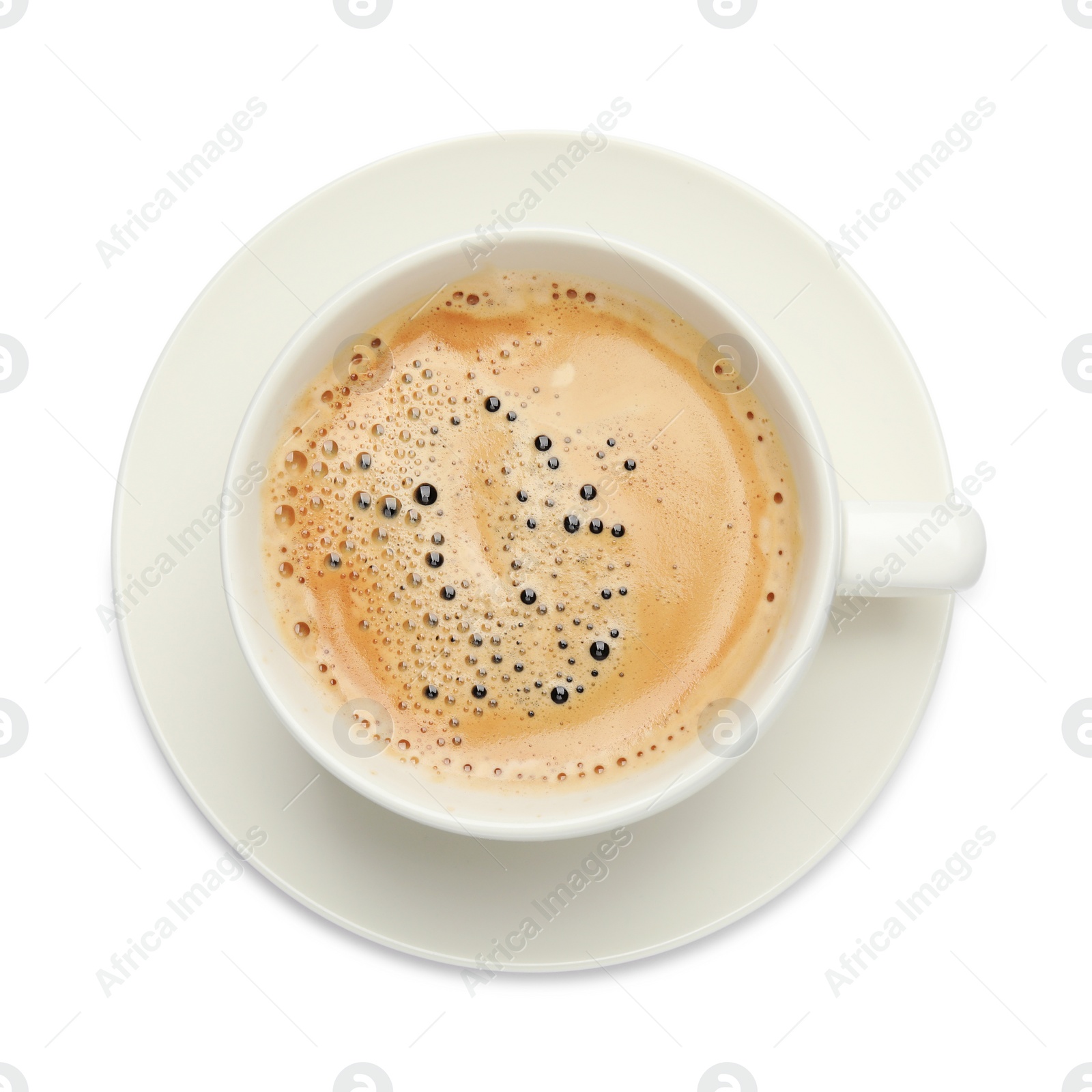 Photo of Cup of tasty coffee isolated on white, top view