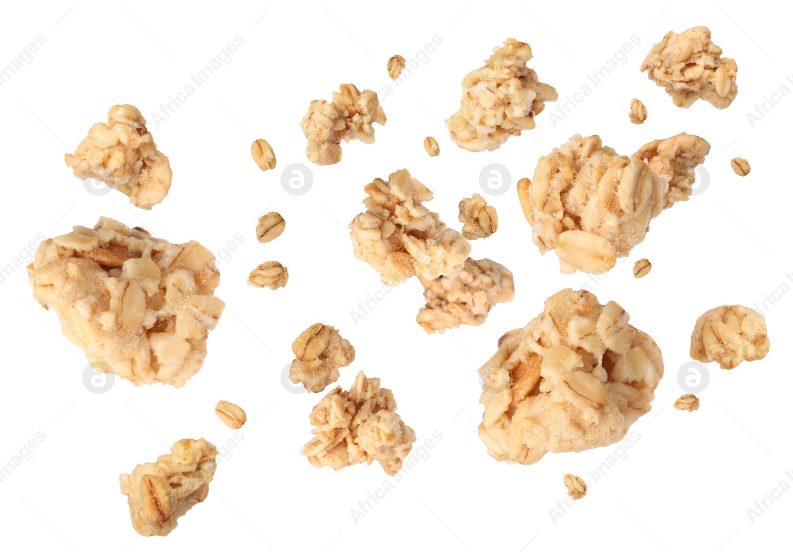 Image of Delicious granola falling on white background. Healthy snack  