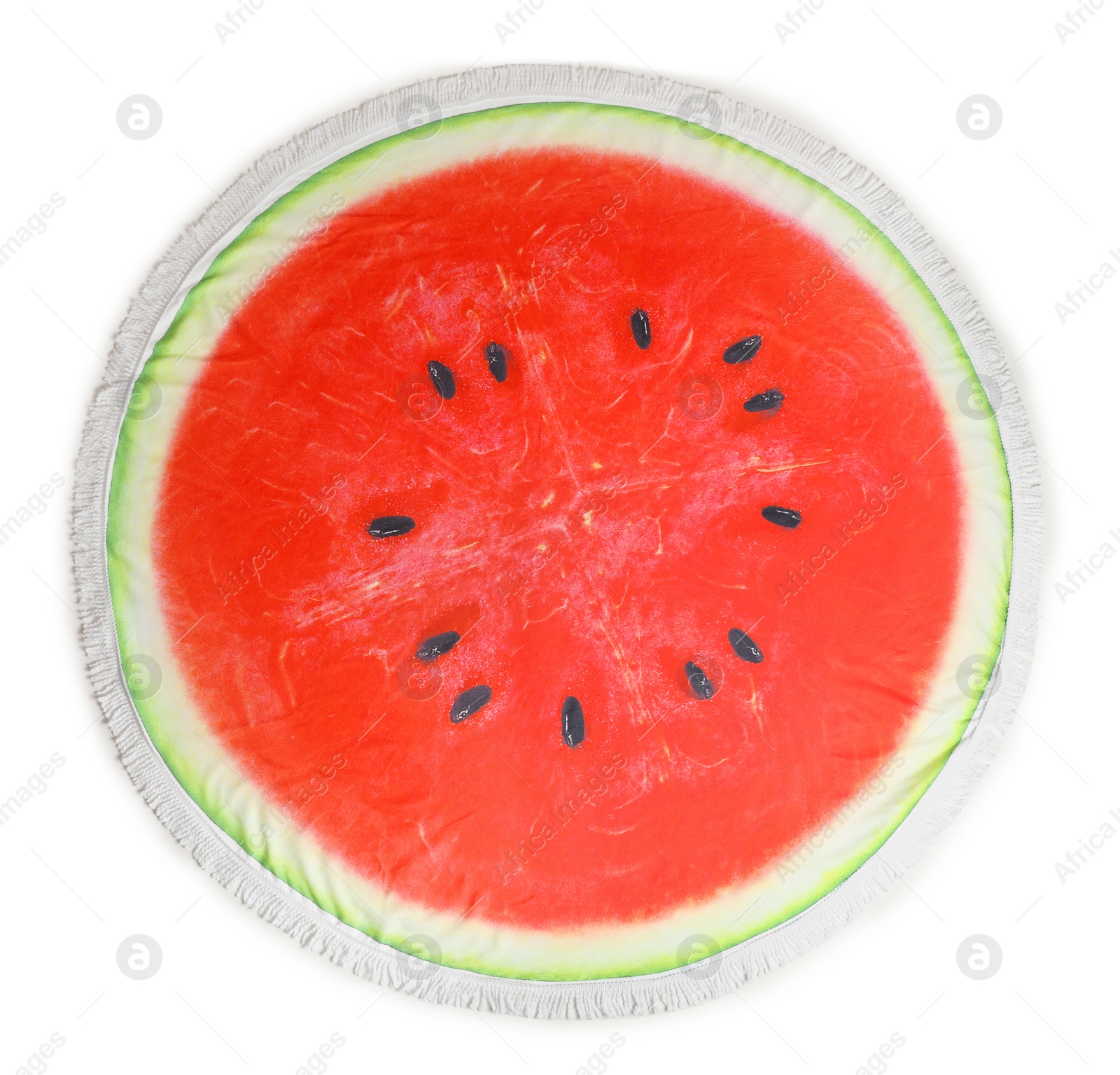 Photo of Round beach towel with watermelon print isolated on white, top view