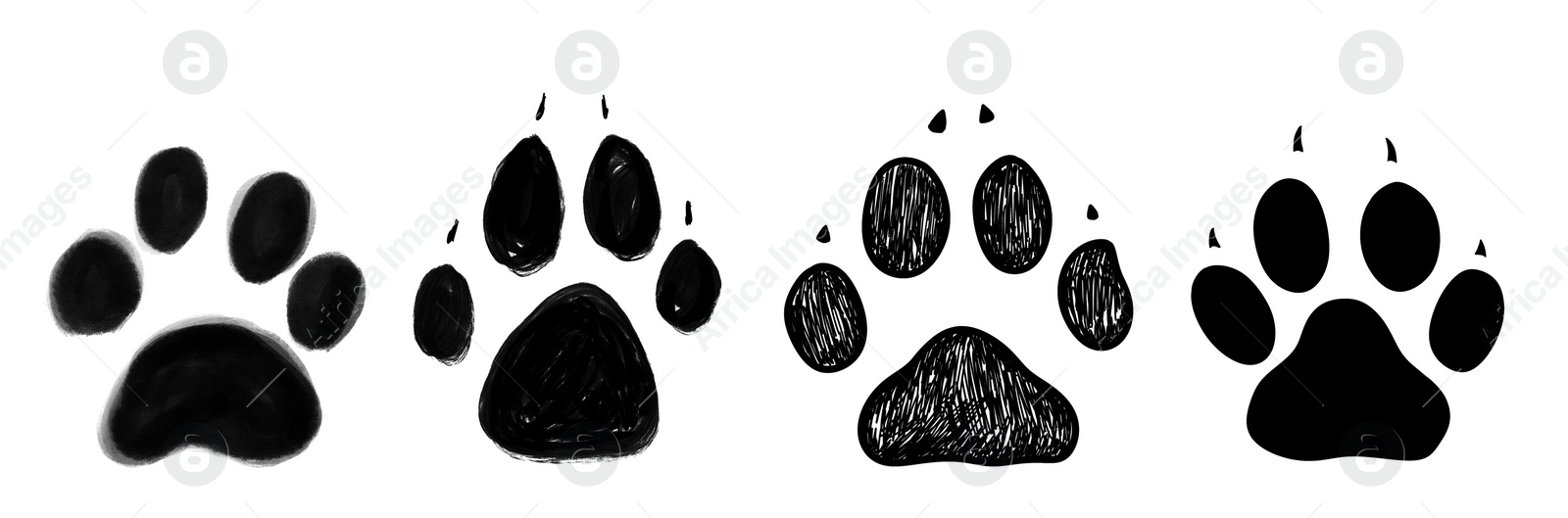 Image of Different dog paw prints on white background, illustration
