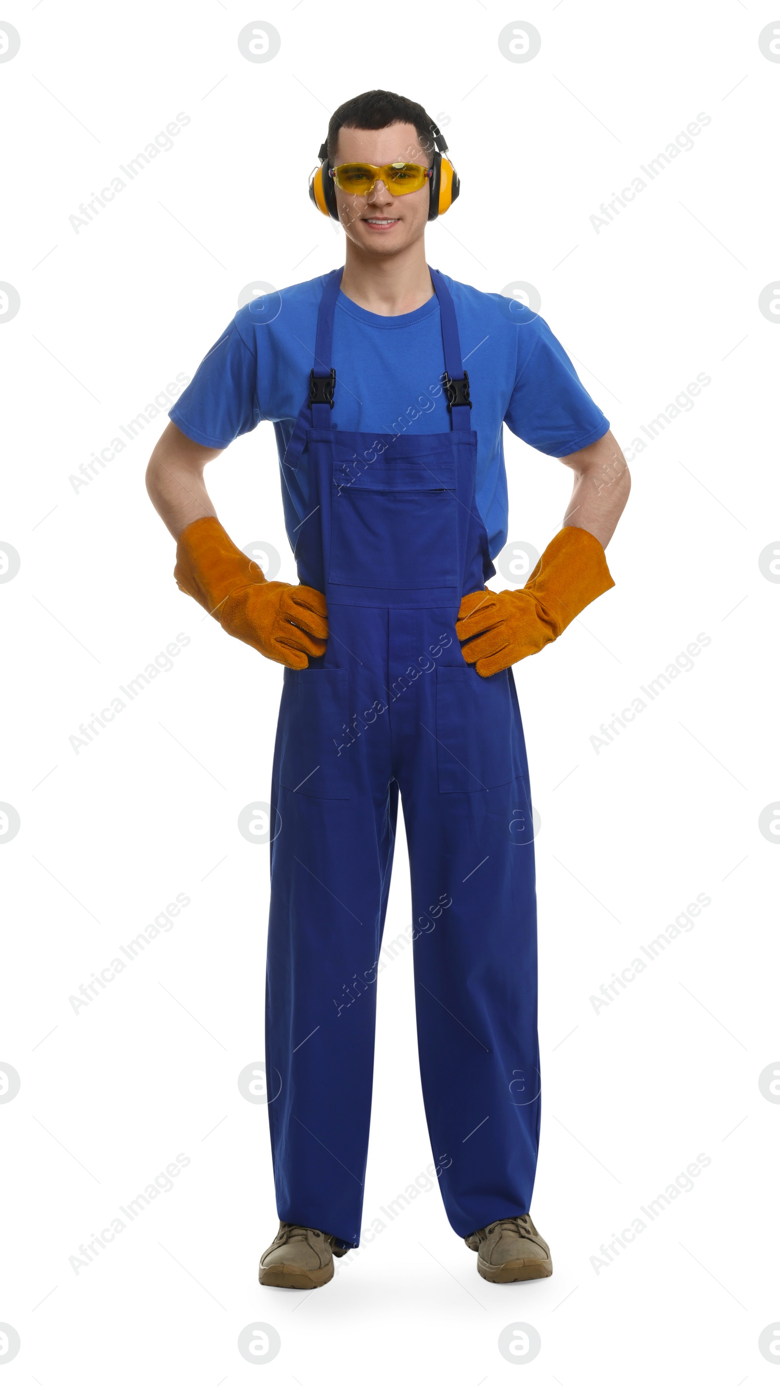 Photo of Young man wearing safety equipment on white background