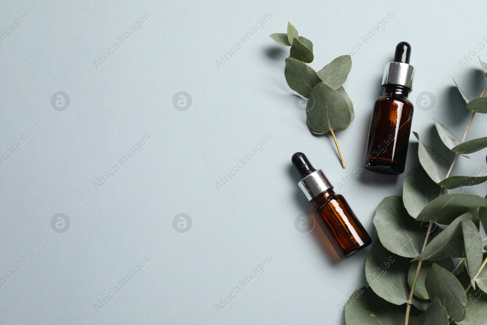 Photo of Aromatherapy. Bottles of essential oil and eucalyptus branches on grey background, flat lay. Space for text