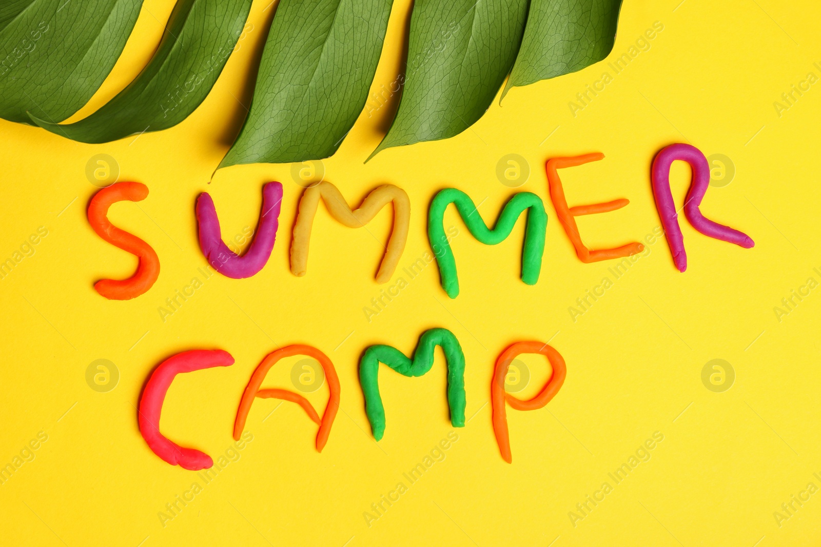 Photo of Flat lay composition with words SUMMER CAMP made from modelling clay and tropical leaf on color background