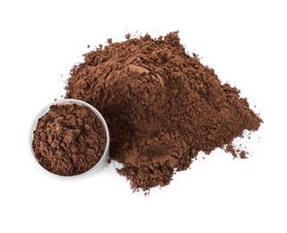 Photo of Scoop and pile of chocolate protein powder isolated on white, top view