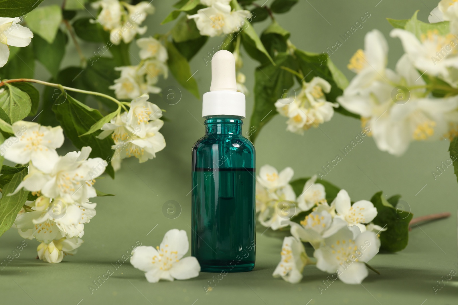 Photo of Essential oil in bottle and beautiful jasmine flowers on pale green background