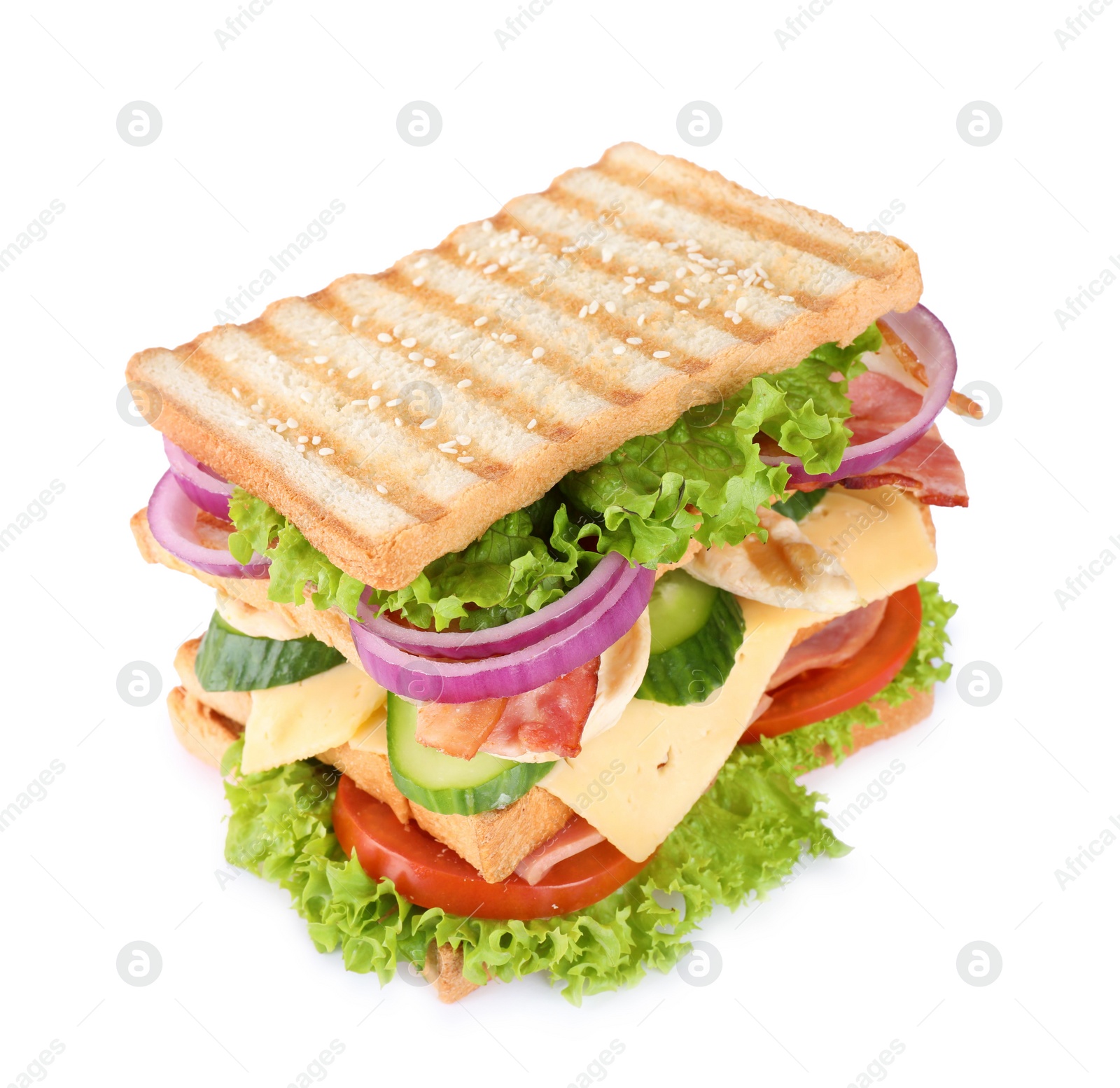 Photo of Tasty sandwich with chicken, ham and bacon isolated on white