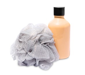 Photo of New grey shower puff and bottle of cosmetic product on white background