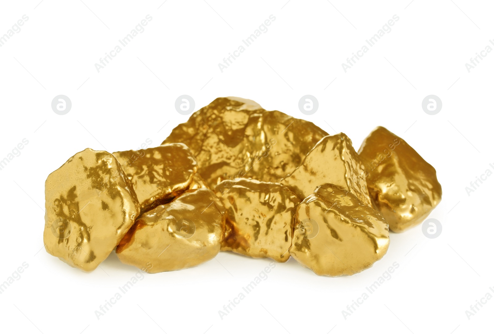 Photo of Pile of shiny gold nuggets on white background