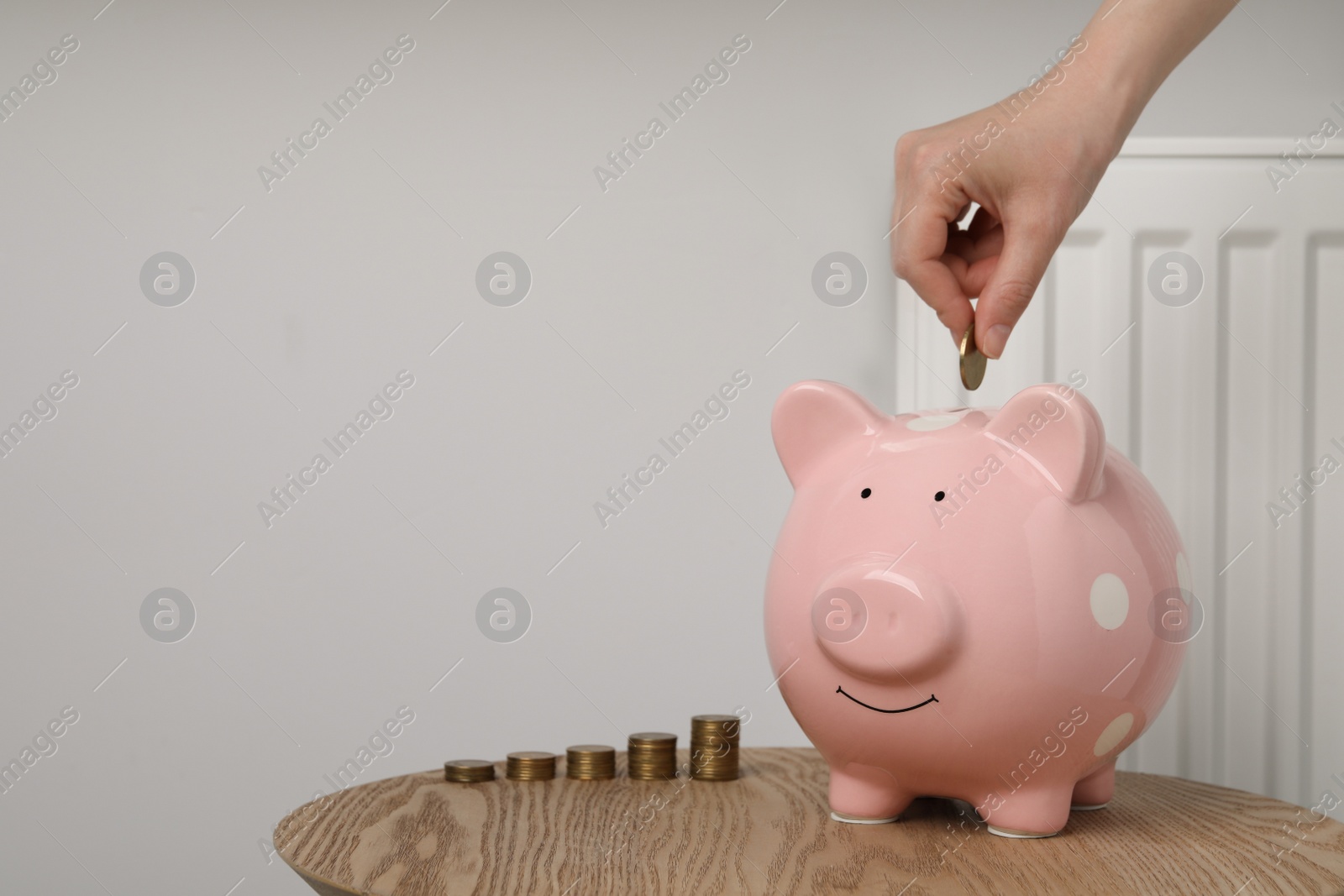 Photo of Woman putting coin into piggy bank near heating radiator, closeup. Space for text