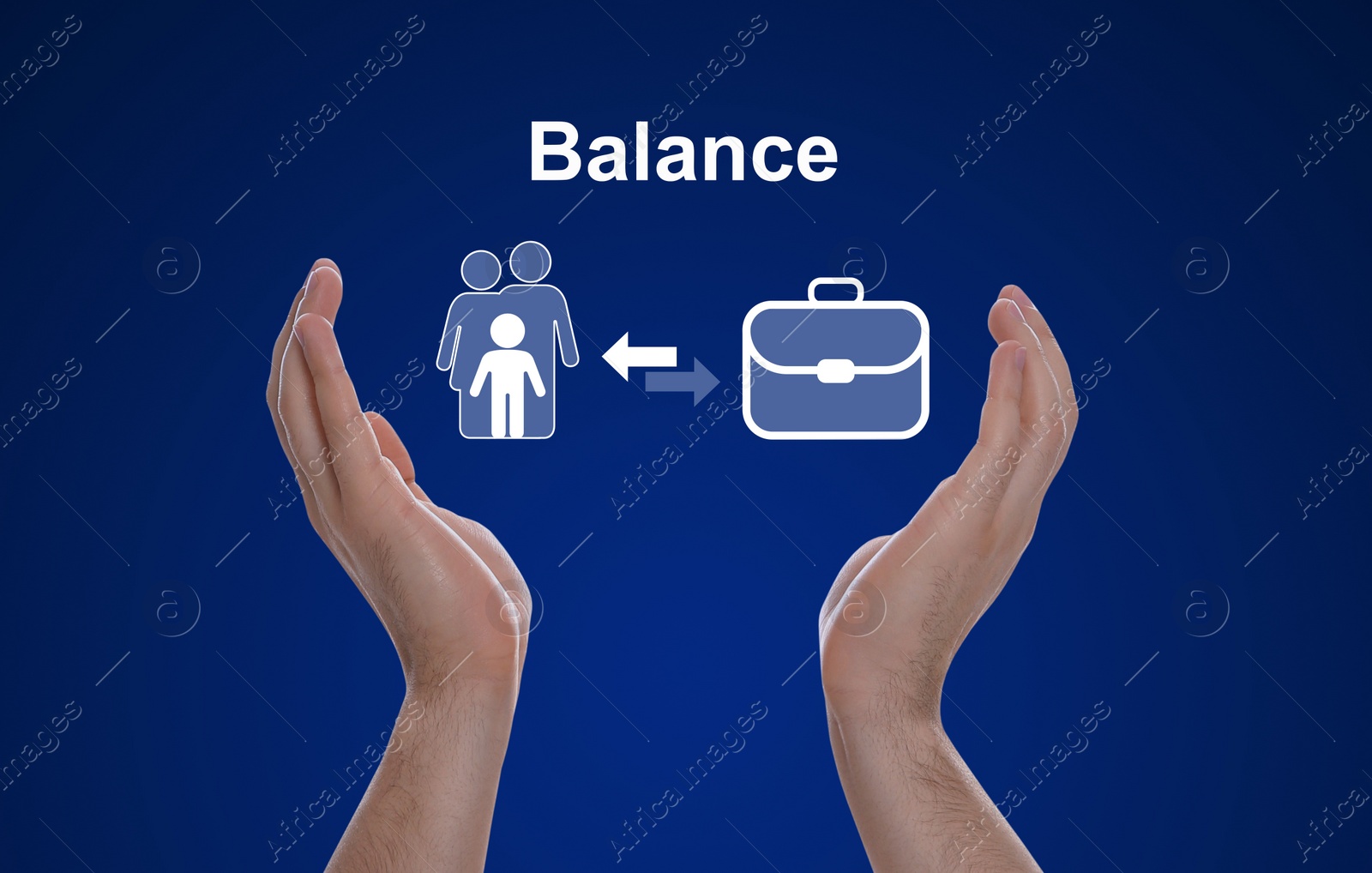 Image of Man holding virtual icons against blue background, closeup. Concept of balance between life and work