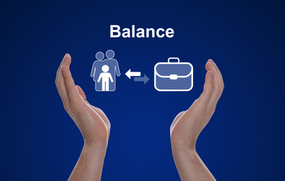 Image of Man holding virtual icons against blue background, closeup. Concept of balance between life and work