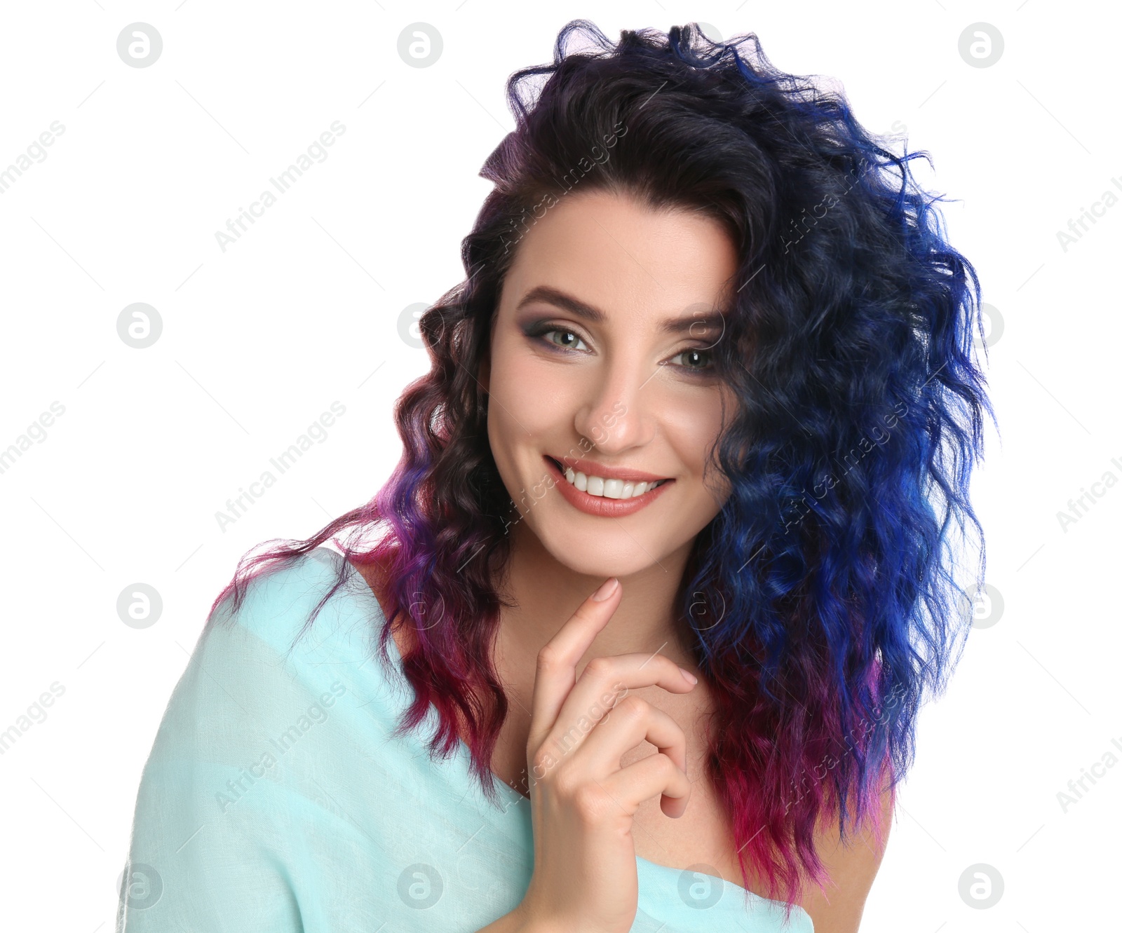 Photo of Young woman with bright dyed hair on white background