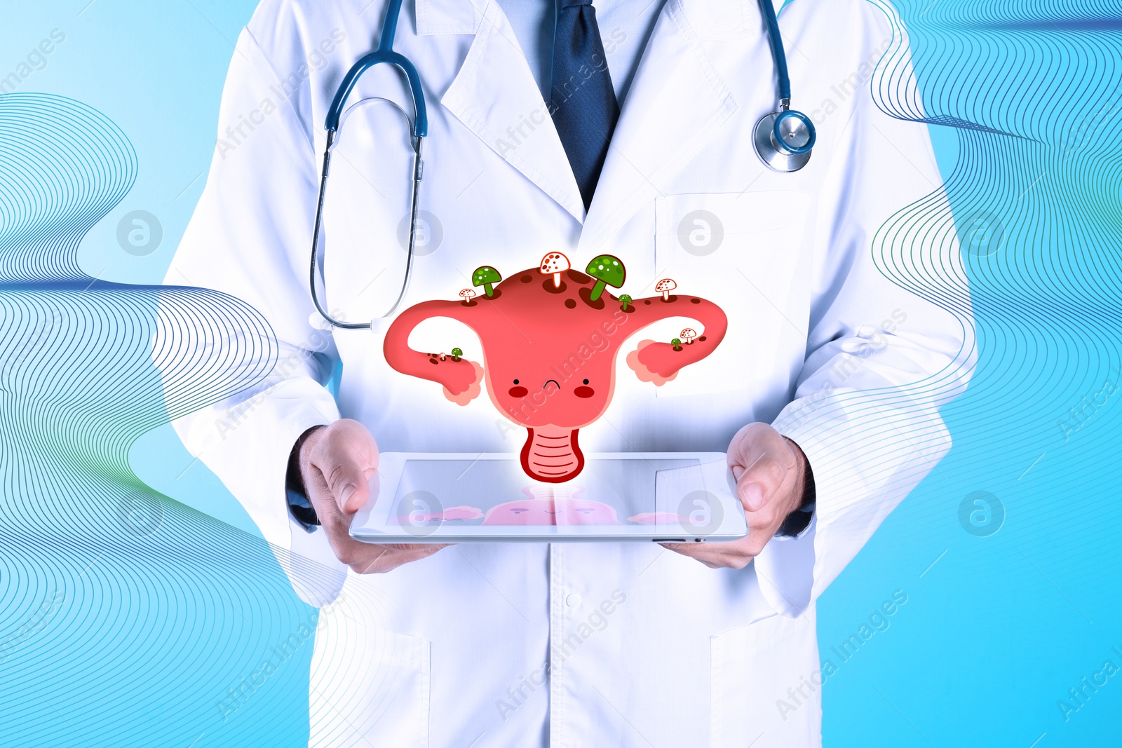 Image of Doctor with tablet and virtual image of infected female reproductive system on turquoise background, closeup. Vaginal candidiasis
