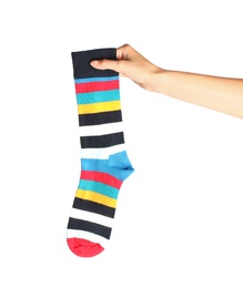 Photo of Woman holding colorful sock on white background