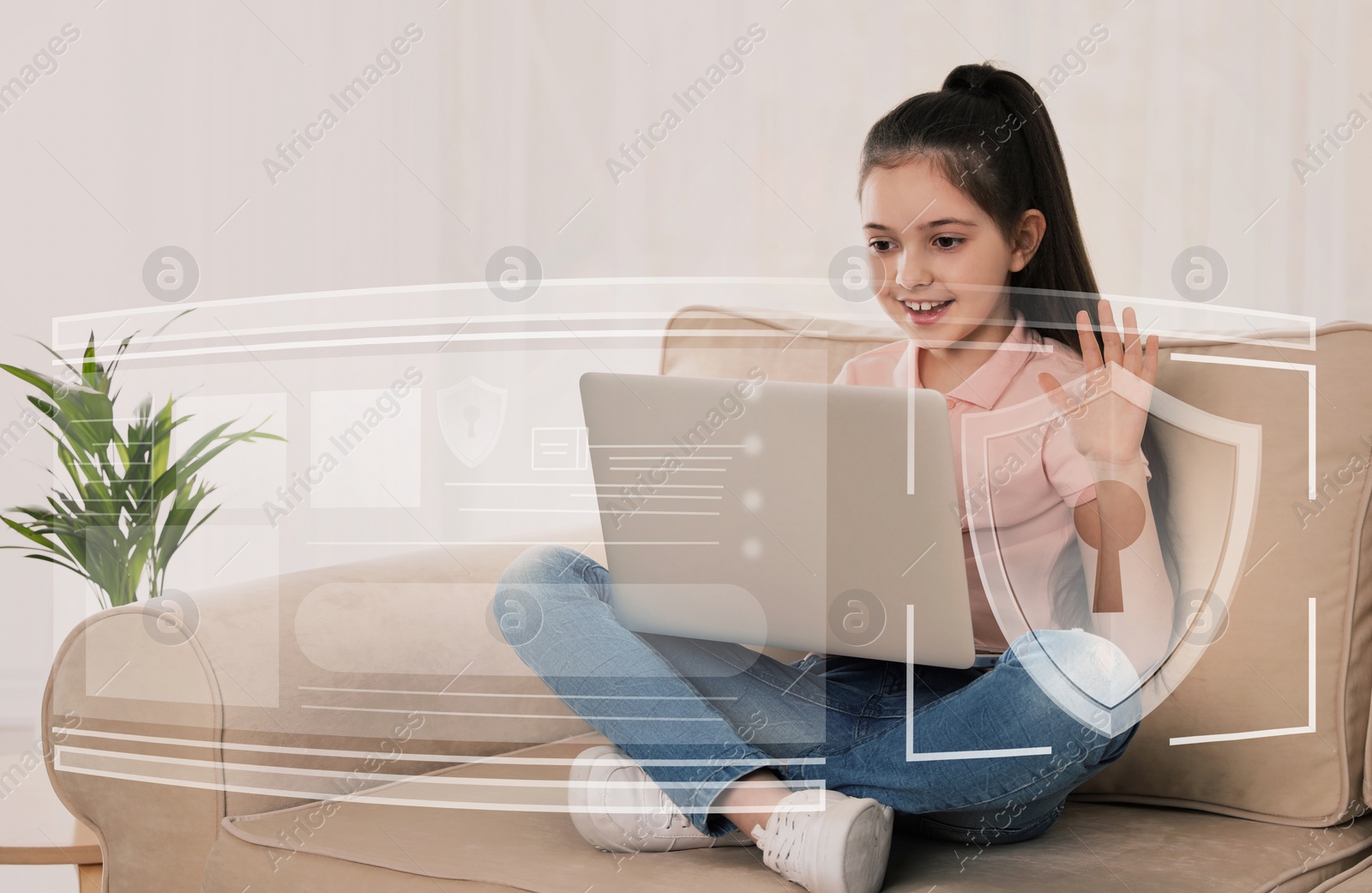 Image of Child safety online. Little girl using laptop at home. Illustration of internet blocking app on foreground