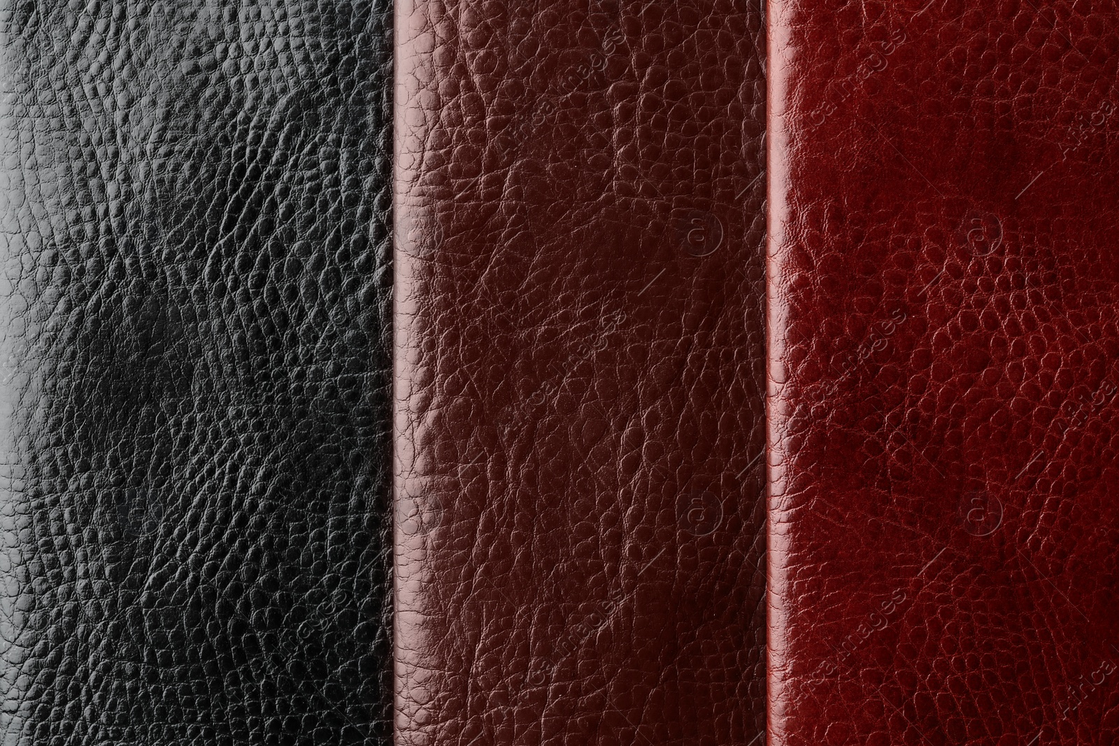 Photo of Leather samples of different colors for design as background, closeup