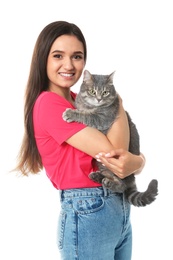 Young woman with cute cat on white background. Pet and owner