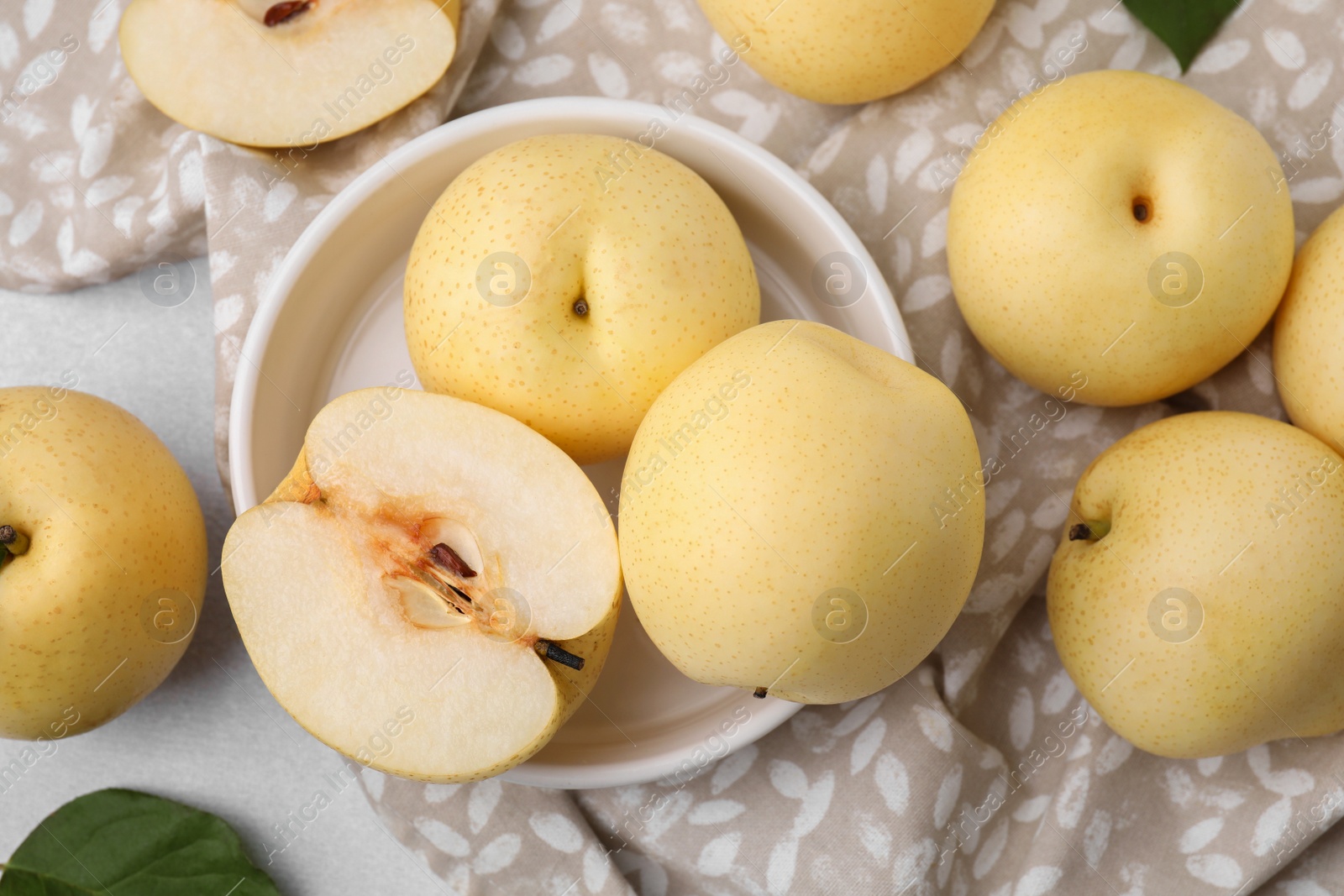 Photo of Delicious apple pear on table, flat lay