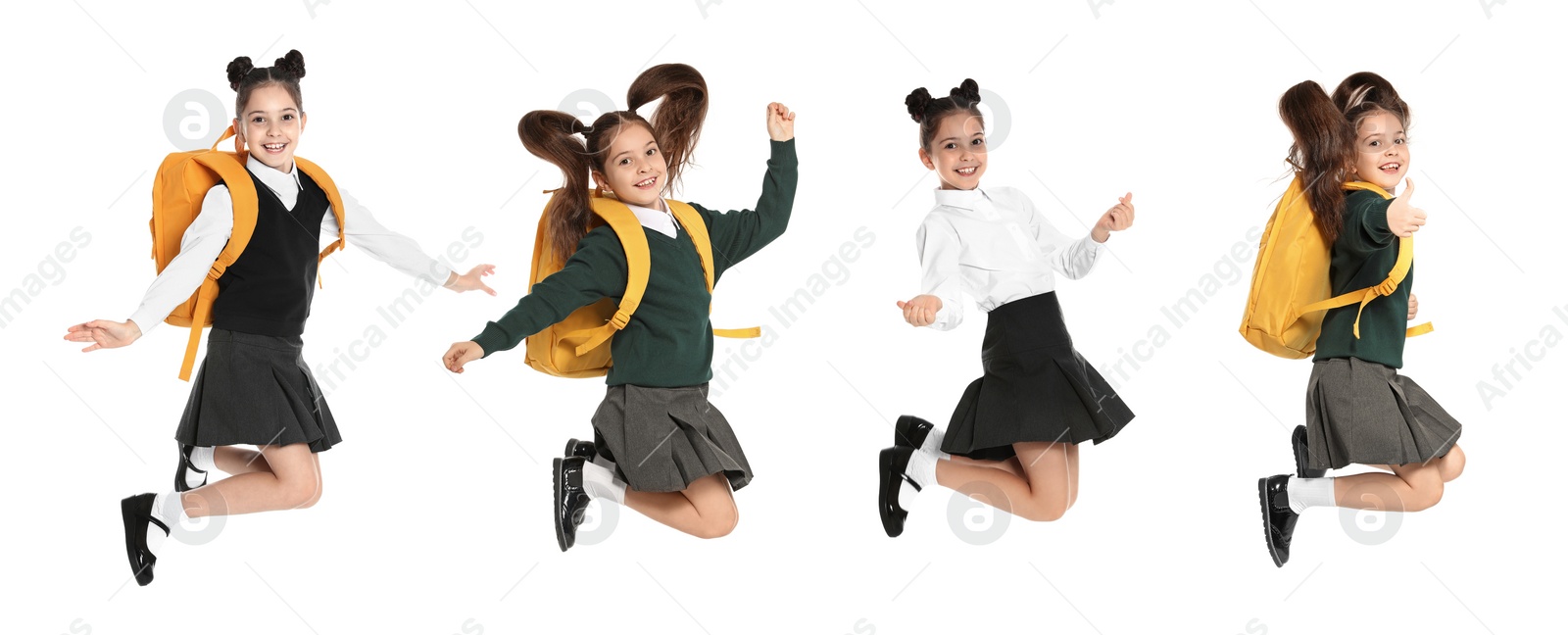 Image of Collage with photos of girl in school uniform jumping on white background. Banner design