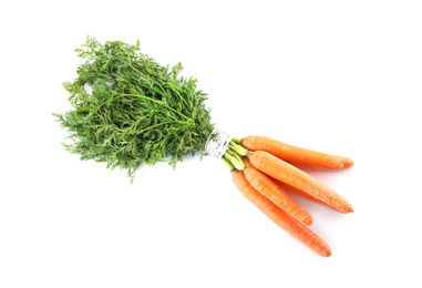 Photo of Bunch of fresh ripe carrots isolated on white