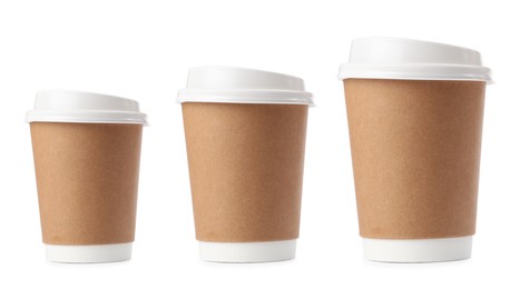 Image of Paper coffee cups of different sizes on white background, collage