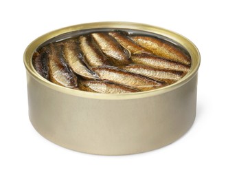 One tin can of sprats isolated on white