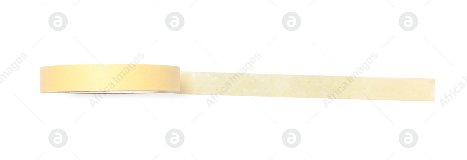 Photo of Roll of yellow adhesive tape on white background, top view