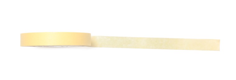 Roll of yellow adhesive tape on white background, top view