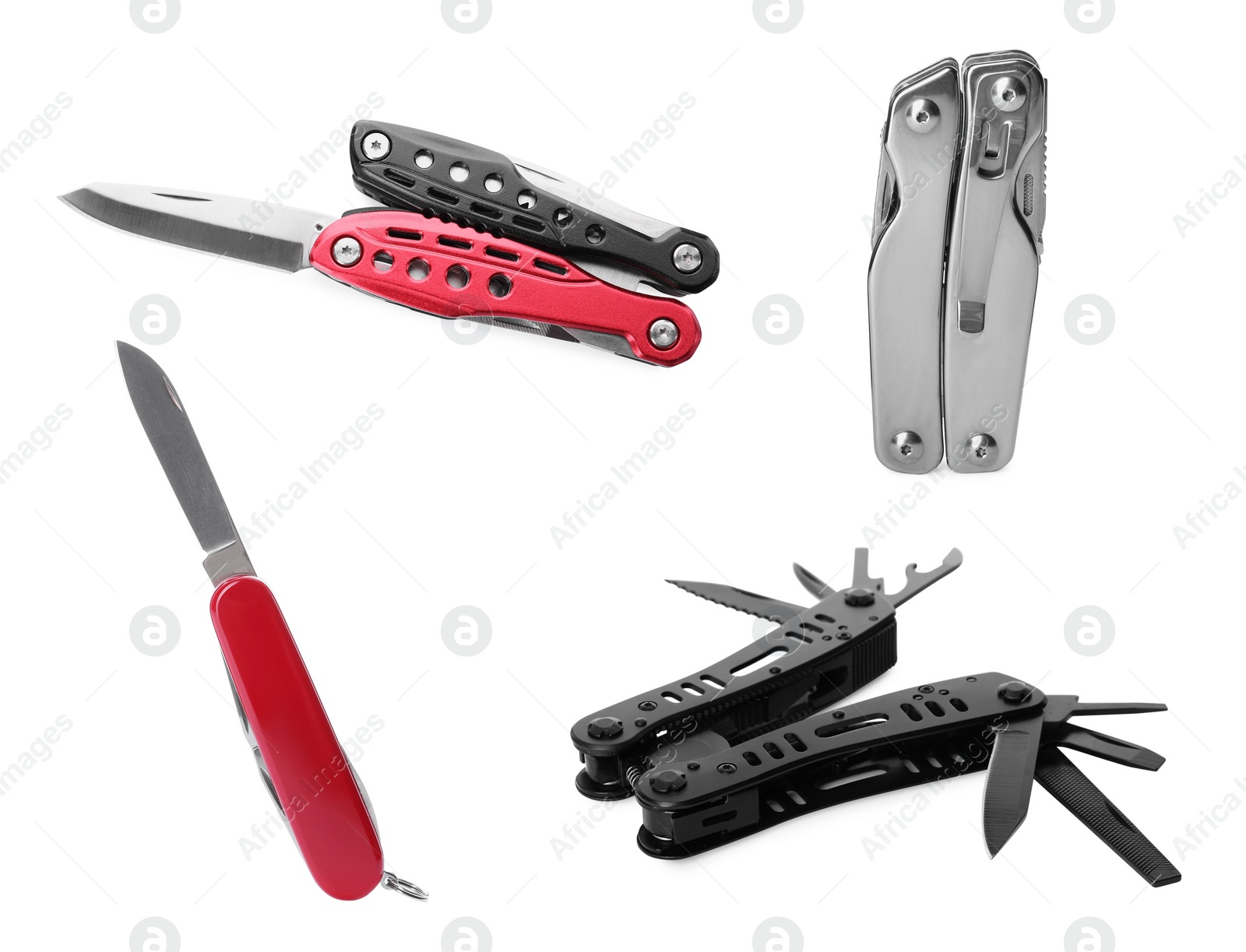 Image of Set with different portable multitools on white background